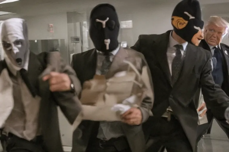 Prompt: dramatic cinematic bank robbers running out of white bank wearing trump masks by Emmanuel Lubezki