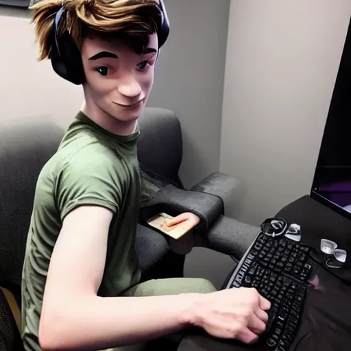 Image similar to “a realistic detailed photo of a guy who is an attractive humanoid who is half robot and half humanoid, who is a male android, twitch streamer Ninja Tyler Blevins, shiny skin, posing like a statue, blank stare, gaming room”