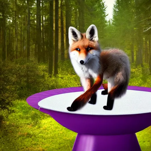 Image similar to a purple fox with a long fluffy and shiny coat sits in the forest on a ufo flying saucer. super realistic photo. clear details