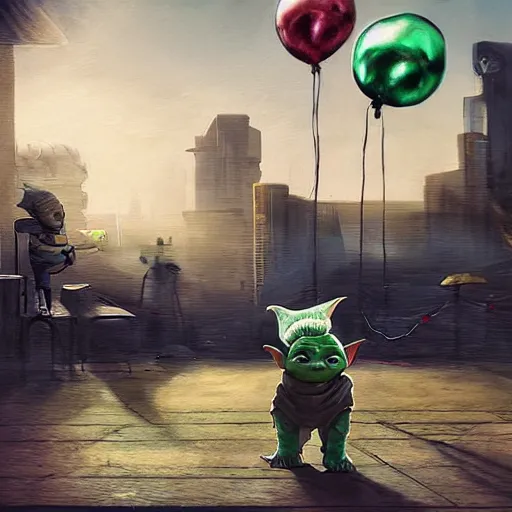 Image similar to masterful digital art, eye - level view, medium - shot, baby yoda is at the busy school playground in a cyberpunk city. baby yoda smiles and plays on a swing set. golden hour. realism, detailed, depth, chiaroscuro, limited color palette. in the background some balloons float in the sky. mandalorian ( tv ).