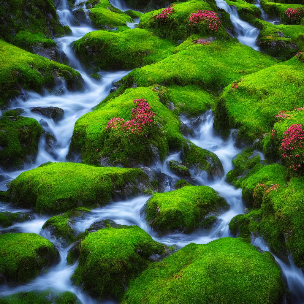 Image similar to amazing landscape photo of switzerland green spring with flowers by marc adamus, beautiful dramatic lighting