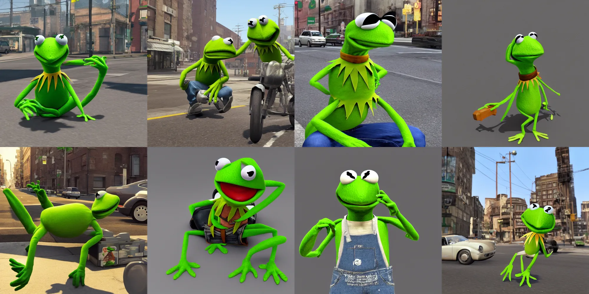 Prompt: kermit the frog as a grand theft auto character, 3d render, playstation