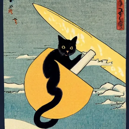 Image similar to a cat sitting on a rocketship headed for the moon made of cheese, by hokusai and george bellows