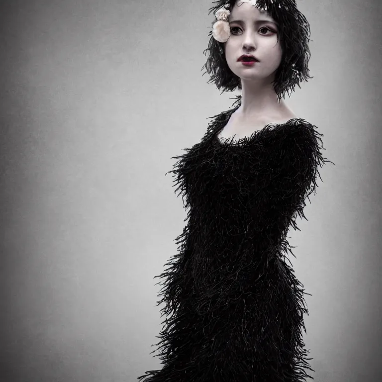 Image similar to hight focus of a wonderful realistic focused sweet wonderful symmetrical mid portrait of a lonely very beautiful lady, with a dress that is like a realistic black plumes, image in center, dramatic light, octane render - 8 k