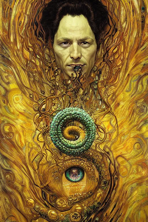 Image similar to Rebirth by Karol Bak, Jean Deville, Gustav Klimt, and Vincent Van Gogh, Rebirth, Loki's Pet Project, mystical portrait of a serpent deity, Surreality, otherworldly, fractal structures, arcane, ornate gilded medieval icon, third eye, spirals