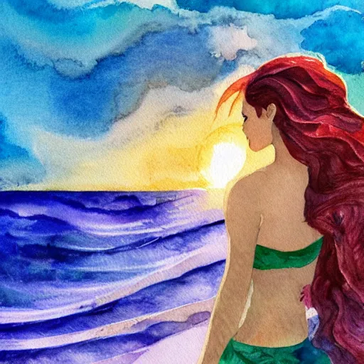 Image similar to a sunrise scene of a mermaid with hair that becomes an ocean wave, watercolor painting, professional, concept art