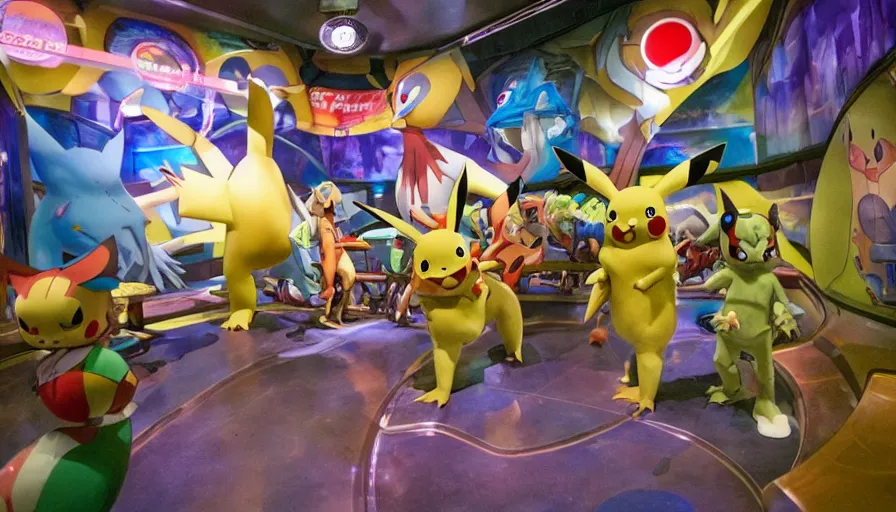 Image similar to 1990s photo of inside the Pokémon themed Ride at Universal Studios in Orlando, Florida, children riding through a Pokémon gym where Pokémon are battling, cinematic, UHD