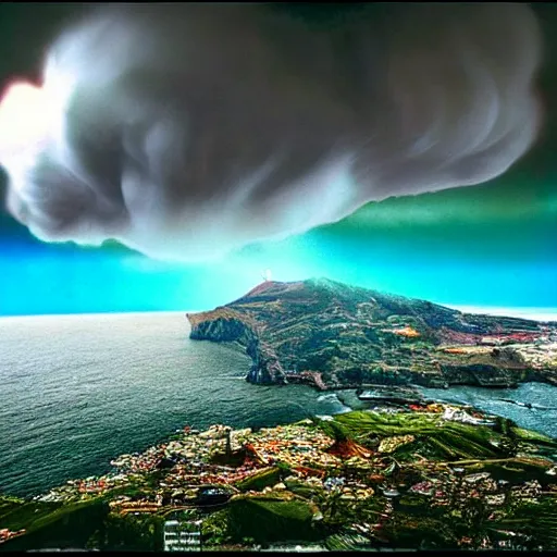 Image similar to madeira island nuked by a nuclear bomb, cloud shroom, cinematic shot, realistic, hdr, color, wide shot