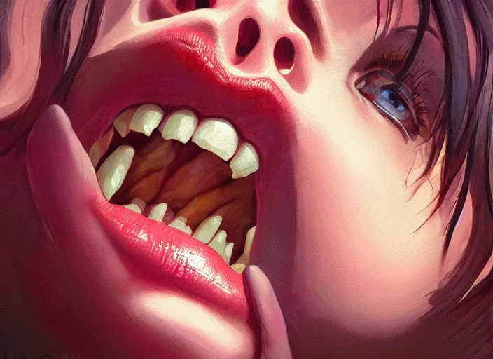 Image similar to wide open queen mouth, close - up, cry, defiant, full lips, anatomy color, light effect, hyper detailed, intricate, elegant, highly detailed, digital painting, artstation, concept art, matte, sharp focus, illustration, by dan mumford, yusuke murata, makoto shinkai, ross tran