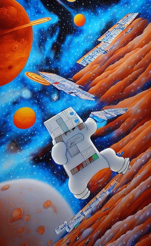 Image similar to an ice bear flying to mars by onur dinc, an impressive intricate detailed mural painting, onur dinc, grafitti art