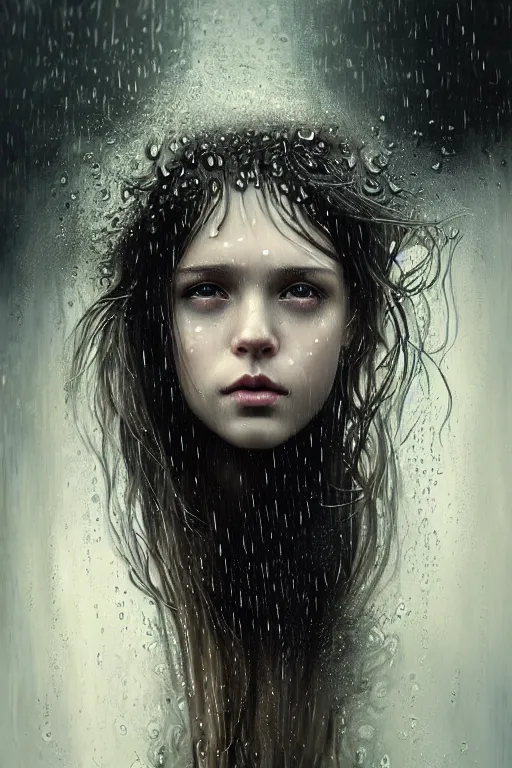 Prompt: portrait of a girl upside down in the rain with wet hair and face, fantasy, intricate, elegant, dramatic lighting, emotionally evoking symbolic metaphor, highly detailed, lifelike, photorealistic, digital painting, artstation, concept art, smooth, sharp focus, illustration, art by John Collier and Albert Aublet and Krenz Cushart and Artem Demura and Alphonse Mucha