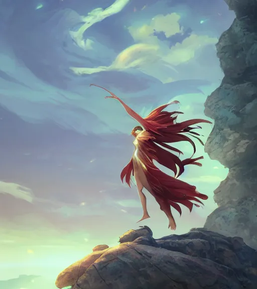 Prompt: an anthropomorphic phoenix warrior standing heroically on a rock. Adventurous, new adventure, forest, rocks, Phoenix, she has the head of a phoenix, TWO WINGS, feathers, stream, ripples, atmospheric lighting, stunning, brave. By Makoto Shinkai, Stanley Artgerm Lau, WLOP, Rossdraws, James Jean, Andrei Riabovitchev, Marc Simonetti, krenz cushart, Sakimichan, D&D trending on ArtStation, digital art.