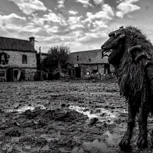 Image similar to horror, moody, still from film, daytime, muddy village square, wide shot, huge, roaring mutant goat monster, powerful, creeping along on ugly stumpy legs, filthy jagged teeth in unnaturally large mouth, matted dirty fur, in muddy medieval village square