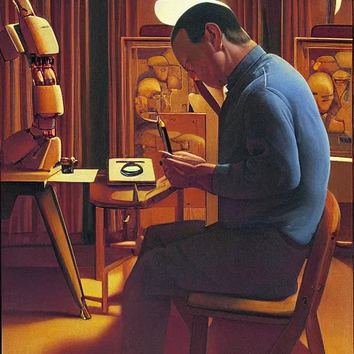 Image similar to robot artist artist painting a self portrait, by clyde caldwell, james c. christensen, george tooker