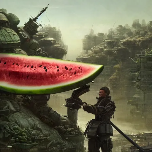 Image similar to Concept Digital Art Highly detailed giant Watermelon warlord protecting Ukrainian city from Orks by Stephen Hickman and Beeple. Very highly detailed 8K,Pentax 67, Kodak Portra 400 in style of Hiromasa Ogura Ghost in the Shell, the golden ratio, rational painting