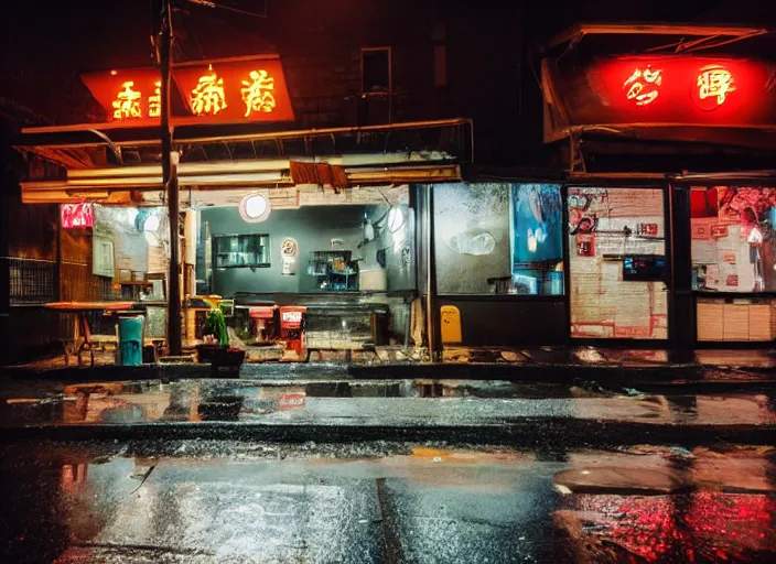 Image similar to exterior of an open cyberpunk ramen place during a rainy night in the style of salvadore dali