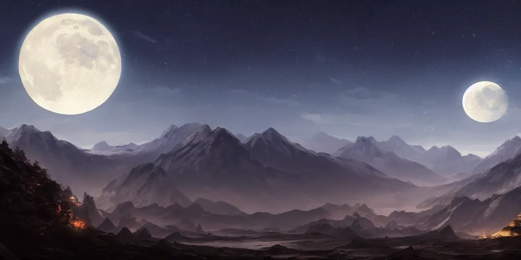 Image similar to large mountains in the distance, moon in the night sky, landscape wallpaper, d&d art, fantasy, painted, 4k, high detail, sharp focus, artstation