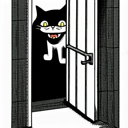 Prompt: illustration of a cat meowing in front of a door. creepy horror by Junji Ito.