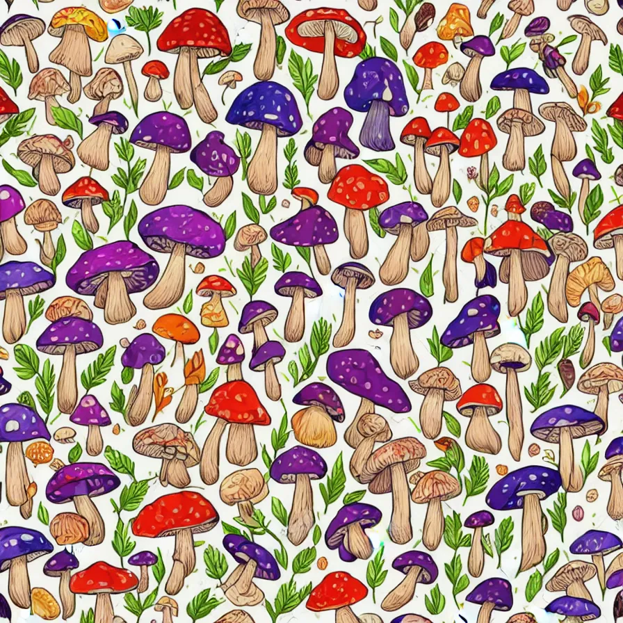 Image similar to plethora of mushroom characters and mycelium, vivid natural color hues and natural surroundings, colorful painted patterns and motifs on mushrooms, seamless fabric pattern 8K, highly detailed.