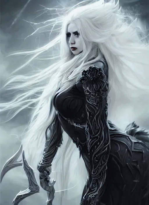 Prompt: a highly detailed illustration of fierce beautiful long white haired horned demon woman wearing black battle dress, dramatic power pose, perfect face, perfect body, intricate, elegant, highly detailed, centered, digital painting, artstation, concept art, smooth, sharp focus, league of legends concept art, wlop.