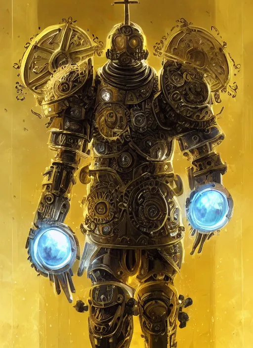 Prompt: full body, attack position abstract portrait of a intricate ornate holy mechanical warforged with circular glowing eye, character in yellow armor holding a legendary paladin engraved great longsword drawn and carrying a huge heavy paladin shield, vertically flat head, face in focus, epic , trending on ArtStation, masterpiece, cinematic lighting, by Ross Tran and by Greg Rutkowski