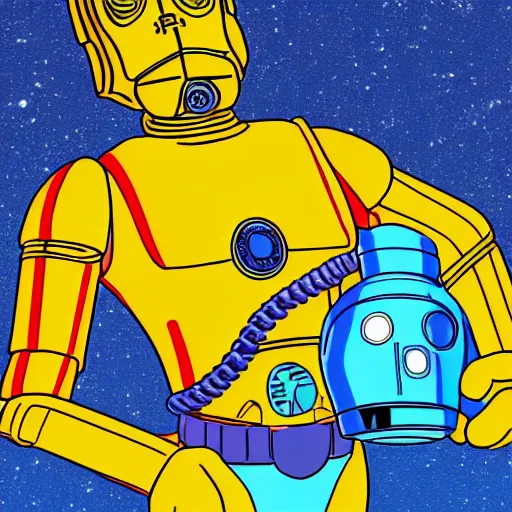 Image similar to full body portrait of Simpson as C3PO in star wars, background blue sky puffy clouds cinematic 4k