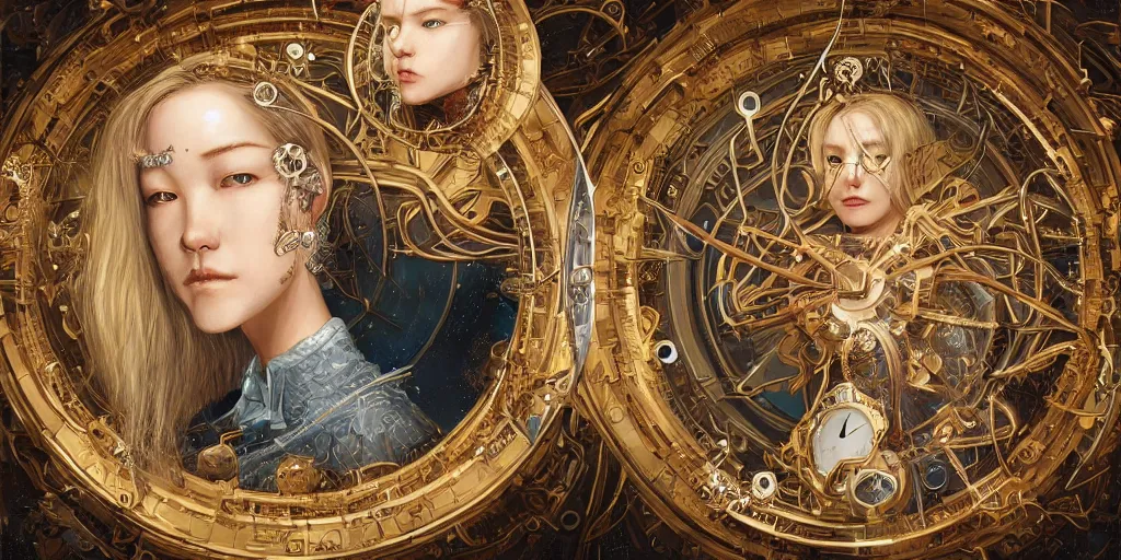 Image similar to hyperrealistic photography of a highly detailed and symmetrical gorgeous nordic female scientist constructing a golden baroque time machine in the style of Jin Kagetsu, James Jean and wlop, face symmetry, highly detailed, masterpiece, award-winning, sharp focus, intricate concept art, ambient lighting, 8k, artstation