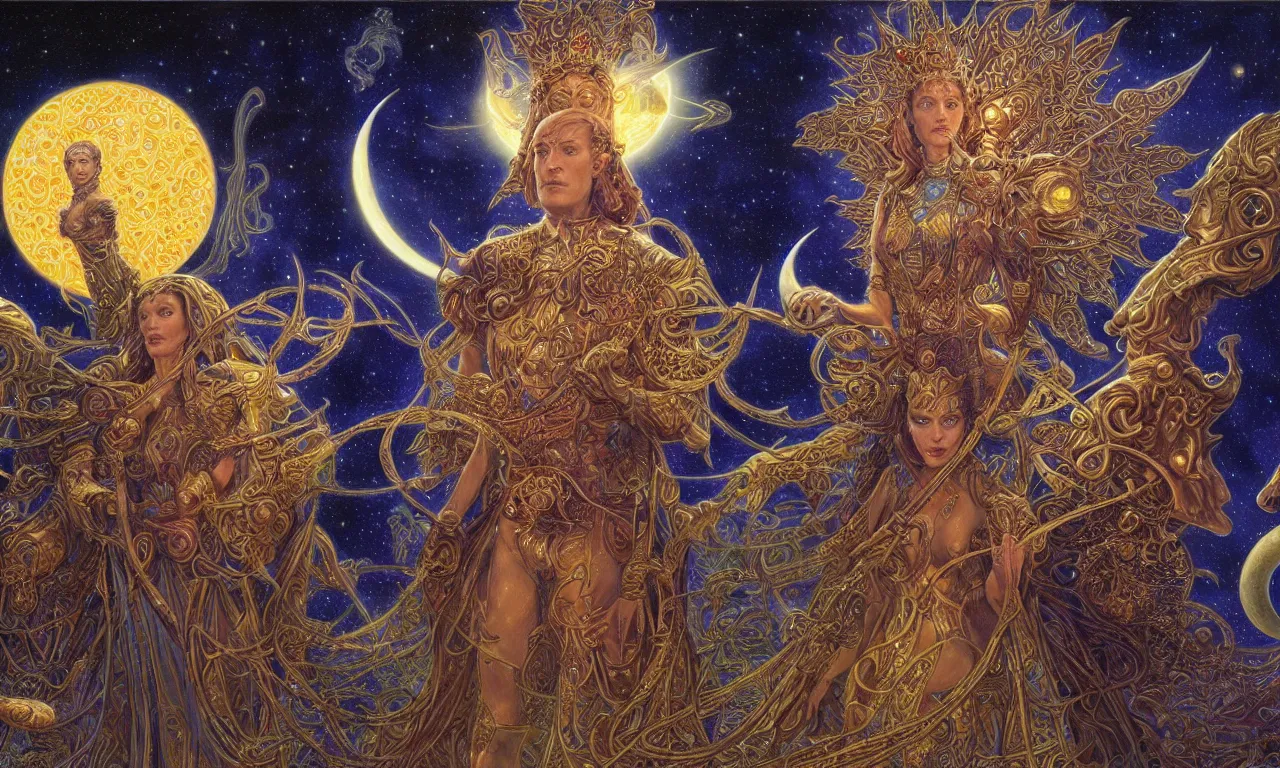 Prompt: sun king and moon queen in the cosmic court of mystical astronomy, art by james c. christensen and donato giancola