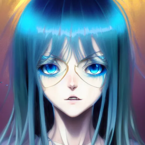 Prompt: attractive long blue - haired girl with bangs gothic anime character with gold eye color, fantasy, screenshot, anime, sharp focus, intricate, illustration, cell shaded, oil painting, highly detailed, concept art, matte, art by ilya kuvshinov and kyoto animation and wlop, and greg rutkowski, studio quality, james jean, artem demura