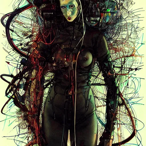 Prompt: a female cyberpunk cyberhacker, wires cybernetic implants, in the style of adrian ghenie esao andrews jenny saville surrealism dark art by james jean takato yamamoto and by ashley wood