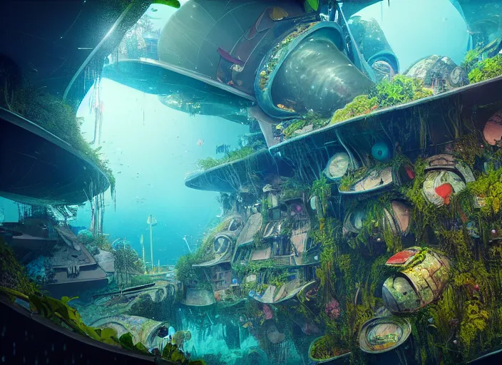 Prompt: overgrown favela spaceship cathedral, underwater environment, scenery, professional, award - winning, trending on artstation, hyper detailed, realistic, beautiful, emotional, shiny, colorful, picture