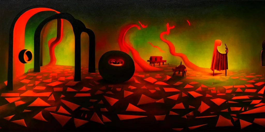 Prompt: hedonic treadmill, dark uncanny surreal painting by ronny khalil, shaun tan, and kandinsky, dramatic lighting from fire glow, mouth of hell, ixions wheel