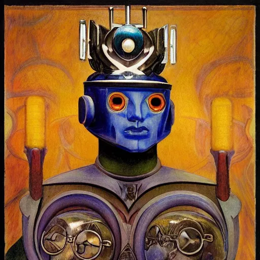 Prompt: the masked robot prince wearing the plasma crown, by Annie Swynnerton and Diego Rivera and Elihu Vedder, symbolist, dramatic lighting, elaborate geometric ornament, tattoos, Art Brut, soft cool colors,smooth, sharp focus, extremely detailed, Adolf Wölfli and Donato Giancola