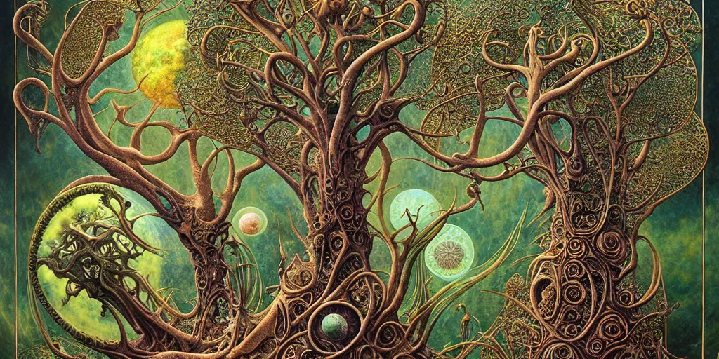 Image similar to tree of life by roger dean and andrew ferez, art forms of nature by ernst haeckel, divine chaos engine, symbolist, visionary, art nouveau, botanical fractal structures, organic, detailed, realistic, surreality