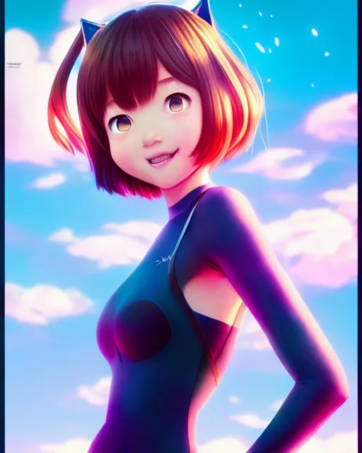 Image similar to pixar anime movie poster portrait photo : : of yerin baek as catgirl by weta, marvel : : by wlop, ilya kuvshinov, rossdraws, artgerm, artstation, unreal engine : : rave makeup, pearlescent, morning, vogue cover : :