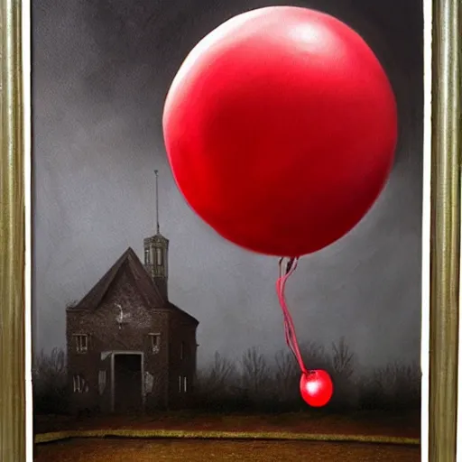 Prompt: grunge painting of an insane asylum with a red balloon by chris leib, creepy lighting, horror theme, detailed, elegant, intricate, conceptual, volumetric light