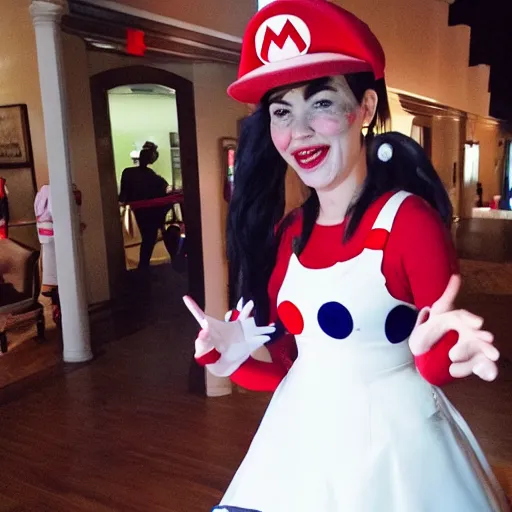 Image similar to a woman cosplaying nintendo mario in an opera gown