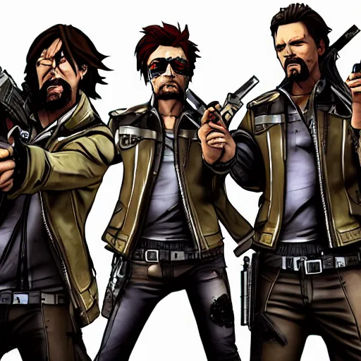 Image similar to the boondock saints in the borderlands game, cyberpunk weapons,