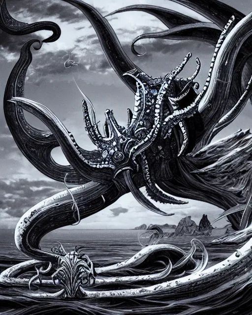 Image similar to A huge blue kraken in a vast sea, terrifying, black and white, fantasy art, monster art, in the style of masami kurumada, illustration, epic, fantasy, intricate, hyper detailed, artstation, concept art, smooth, sharp focus, ray tracing