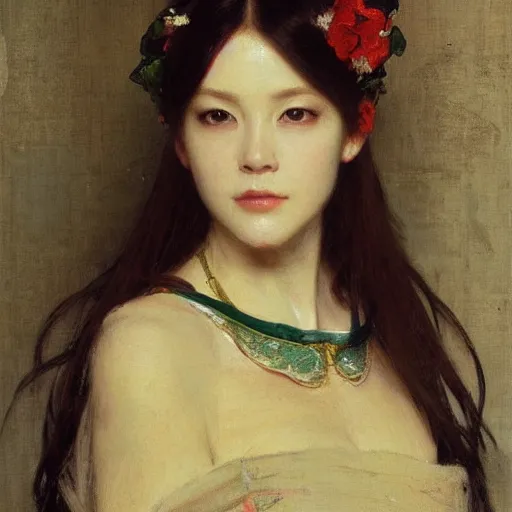 Image similar to portrait of a beautiful woman by ruan jia, mucha
