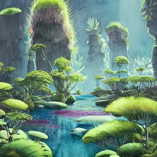 Image similar to beautiful detailed watercolor of a lush natural scene on a colourful alien planet by vincent bons. ultra sharp high quality digital render. detailed. beautiful landscape. weird vegetation. water. soft colour scheme. grainy.