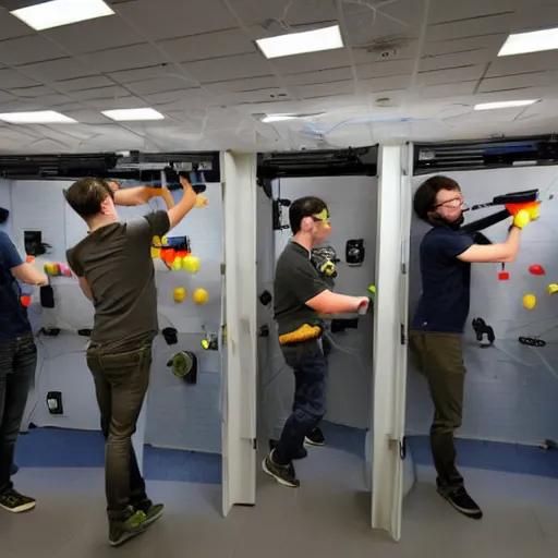 Image similar to Google engineers having a nerf battle in a server room