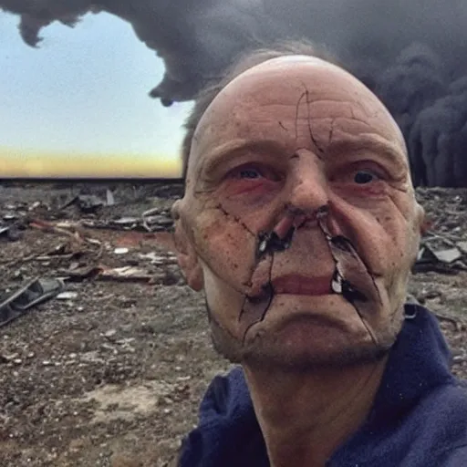 Prompt: last selfie of last alive ukrainian very damaged after a nuclear strike, a nuclear explosions in the background, hyper - realistic 2 0 2 2