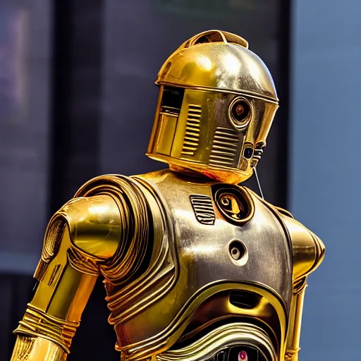 Image similar to Elon Musk as C3PO, highly detailed, high quality, HD, 4k, 8k, Canon 300mm, professional photographer, 40mp, lifelike, top-rated, award winning, realistic, sharp, no blur, edited, corrected, trending