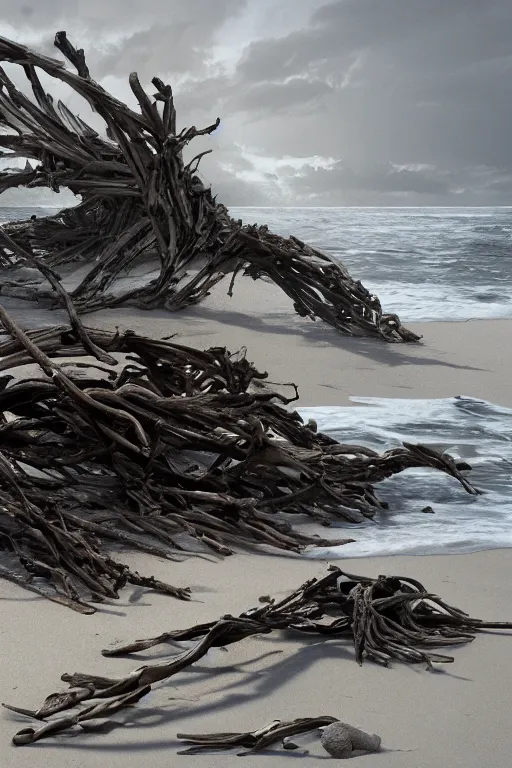 Prompt: bones on a beach, driftwood, skeletal, seaweed, gray, extremely detailed digital art, in the style of greg rutkowski, trending on artstation, 8 k