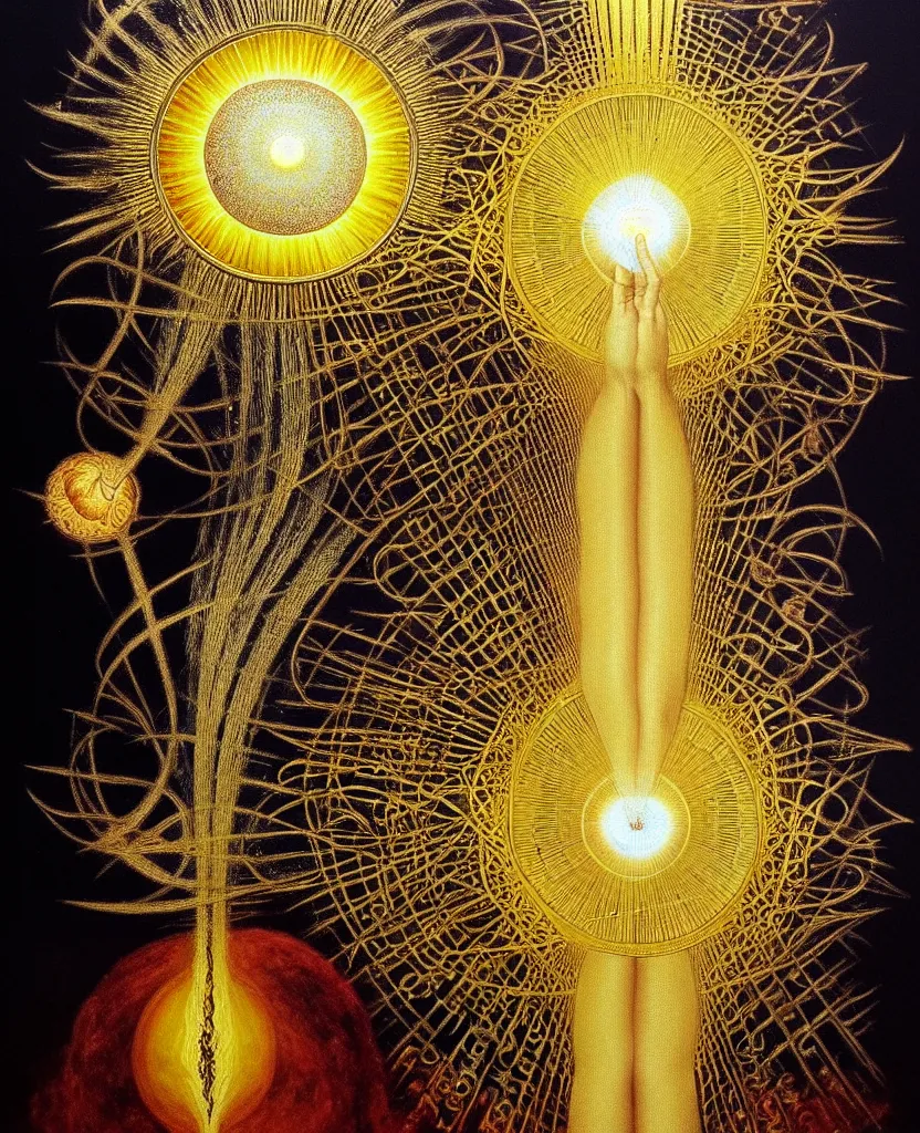 Image similar to a golden child radiates a unique canto'as above so below'while being ignited by the spirit of haeckel and robert fludd, breakthrough is iminent, glory be to the magic within, in honor of saturn, painted by ronny khalil