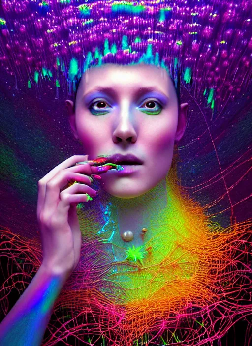 Image similar to hyper detailed 3d render like a Oil painting - Aurora (cyberpunk oil rainbow faced Singer) seen Eating of the Strangling network of yellowcake aerochrome and milky Fruit and Her delicate Hands hold of gossamer polyp blossoms bring iridescent fungal flowers whose spores black out the foolish stars by Jacek Yerka, Mariusz Lewandowski, Houdini algorithmic generative render, Abstract brush strokes, Masterpiece, Edward Hopper and James Gilleard, Zdzislaw Beksinski, Mark Ryden, Wolfgang Lettl, hints of Yayoi Kasuma, octane render, 8k