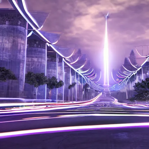 Prompt: a road leading to a huge tower of lights, trending on artststion. hyperdetailed, hyperrealistic, 4 k, unreal engine, night