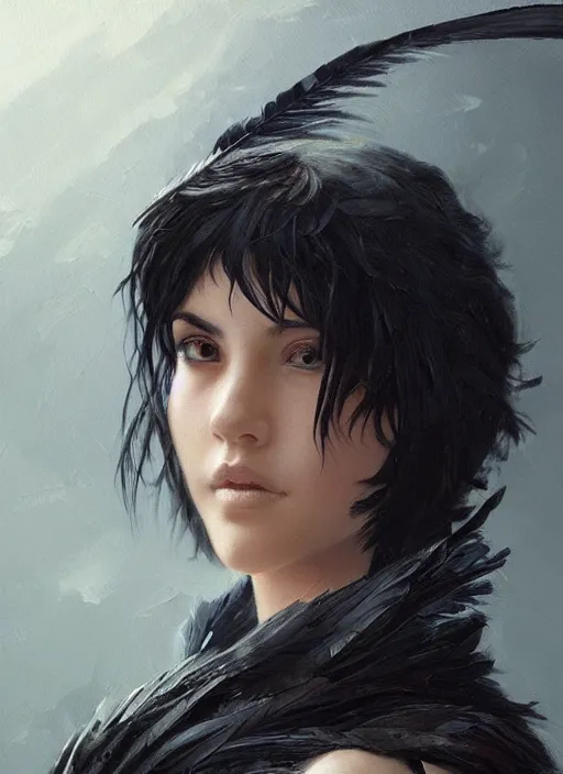 Image similar to a teenage girl with very short black hair and a huge cloak made of black raven feathers. beautiful highly detailed face. beautiful painting by artgerm and greg rutkowski and raymond swanland