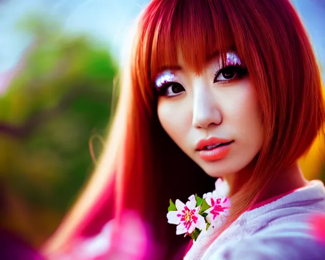 Image similar to close up portrait of an japanese gyaru with beautiful face and modern clothes, sakura blooming in the background, bokeh, depth of field, dramatic lighting, cinematic, vivid colors, matte painting, vivid color scheme, trending on pixiv